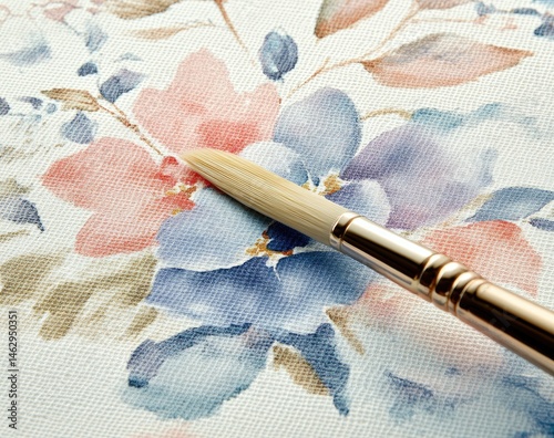 Close-up of a paintbrush poised over a watercolor floral painting.  Soft colors, delicate blooms, and subtle brushstrokes photo