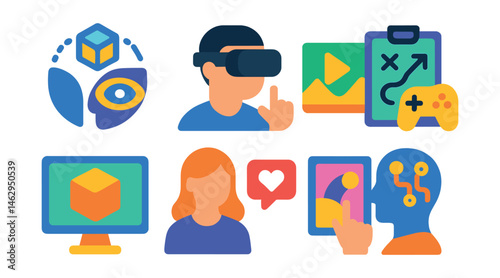 Flat vector icons of creative future professions: augmented reality designer badge, virtual reality developer icon, digital content creator badge, gaming storyteller planner, 3D experience designer