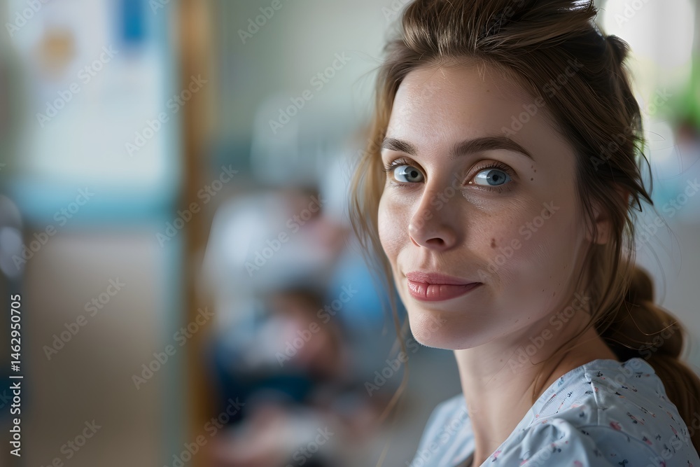 Pregnant woman in a clinical setting looks forward with gentle anticipation. Pregnant woman in a clinical setting looks forward with gentle anticipation.