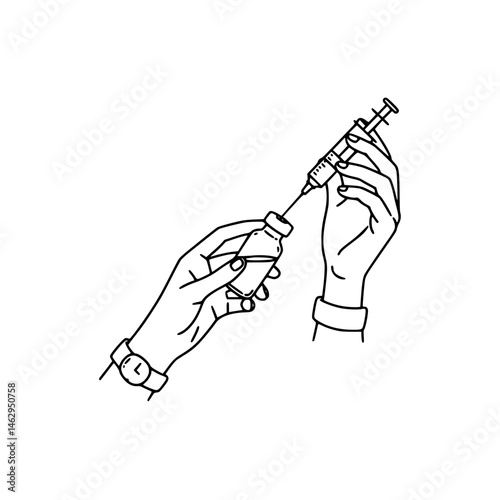 Hands of nurse or doctor with syringe, ready to extract liquid drug or vaccine from glass bottle, vector line illustration. Treatment concept. Healthcare system. International Nurses Day