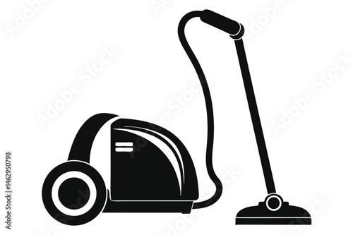 Black silhouette of a canister vacuum cleaner is shown against white backdrop effectively