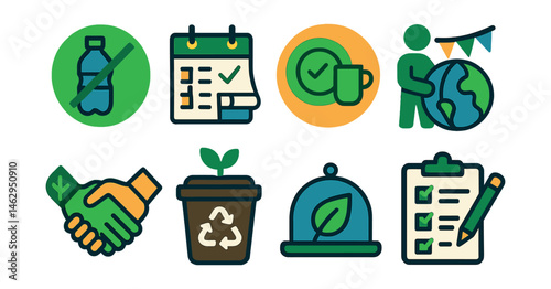 Flat vector icons of promoting zero-waste events: planning plastic-free events badge, renting decorations planner, encouraging reusable plates and cups badge, hosting eco-themed parties badge,