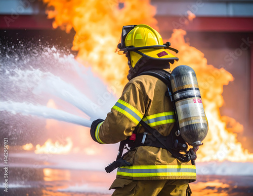 Firefighter battling intense flames during a training exercise at an urban fire facility