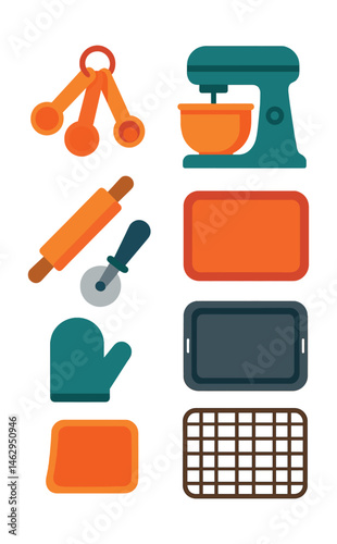 Flat vector icons of baking prep tools: measuring spoons, stand mixer, rolling pin, pastry cutter, silicone mat, baking tray, oven mitt, cooling rack.