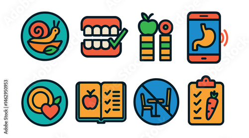 Flat vector icons of mindful eating habits: slow eating practice badge, chew thoroughly reminder icon, hunger vs. craving tracker, satiety signal listening app, gratitude before meals badge, mindful