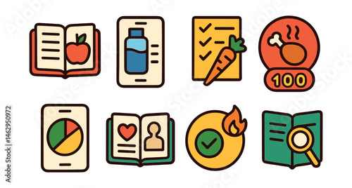 Flat vector icons of food tracking and journaling: food diary app badge, water intake tracker app, daily nutrition log icon, calorie awareness badge, macronutrient tracking app, intuitive eating log,