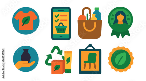 Flat vector icons of eco-conscious consumption: sustainable fashion badge, ethical shopping guide app, plastic-free living starter pack, conscious consumer badge, local artisans support badge,