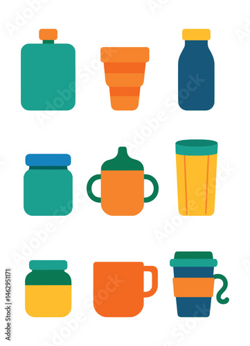 Flat vector icons of reusable drinkware for outdoors: stainless steel flask, collapsible cup, insulated bottle, drink in bamboo tumbler, glass jar with lid, eco sippy cup, picnic mug, travel cup with