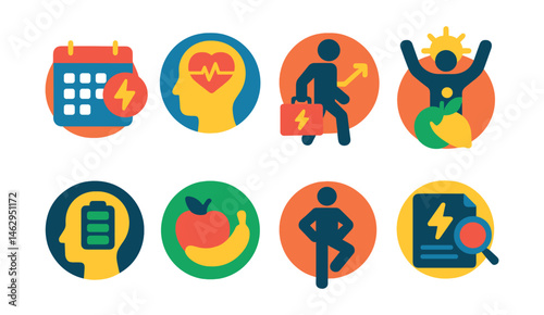 Flat vector icons of managing energy, not just time: scheduling tasks around peak energy badge, using biofeedback techniques badge, adjusting workload based on energy levels badge, practicing