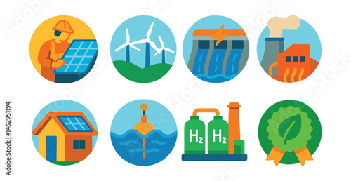 Flat vector icons of renewable energy: solar panel installation badge, wind turbine farm icon, hydroelectric dam generator badge, geothermal power station icon, residential solar rooftop setup, ocean
