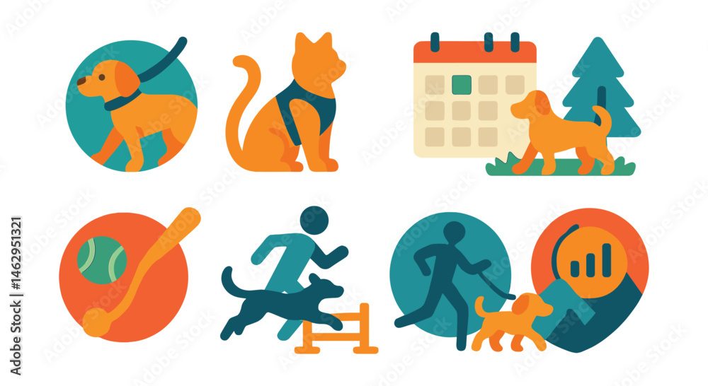 Flat vector icons of pet walking and exercise: dog walking leash badge, cat outdoor harness icon, daily dog park trip planner, interactive fetch toy badge, agility training course icon, jogging with