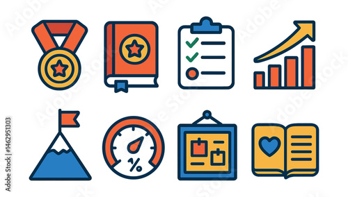 Flat vector icons of celebrating small wins: micro achievements badge, tracking small victories journal badge, setting mini goals tracker badge, rewarding progress steps badge, visualizing milestones