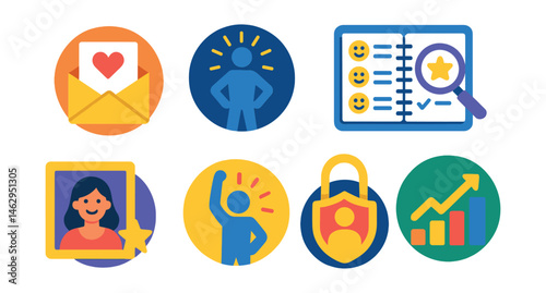 Flat vector icons of self-belief exercises: writing self-encouragement letters badge, visualizing self-confidence badge, daily self-affirmations planner, setting evidence list of strengths badge,