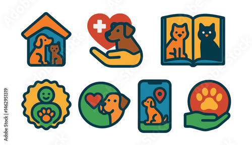 Flat vector icons of pet adoption and rescue: animal shelter adoption badge, pet rescue mission icon, foster pet program guide, pet adoption checklist, volunteer at shelter badge, senior pet adoption