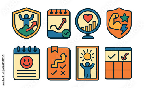 Flat vector icons of resilience and bouncing back: visualizing overcoming obstacles badge, creating bounce-back plan badge, tracking personal resilience badge, visualizing strength symbols badge,