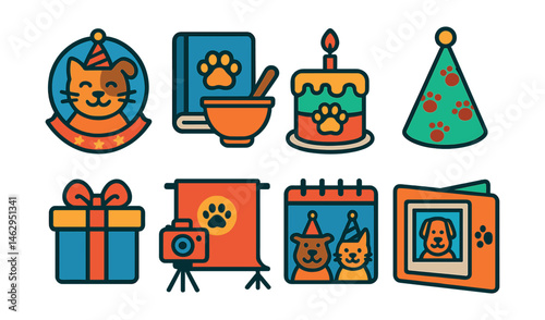 Flat vector icons of pet birthdays and celebrations: pet birthday party badge, custom pet treats baking guide, pet-friendly cake icon, party hat for pets badge, birthday gift ideas for pets, pet
