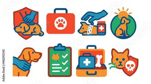 Flat vector icons of pet first aid basics: pet CPR steps badge, basic first aid kit for pets, wound care for animals guide, heatstroke prevention in pets badge, choking rescue maneuver for pets,
