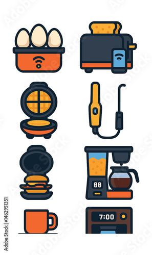 Flat vector icons of breakfast-focused gadgets: smart egg cooker, connected toaster, mini waffle iron, milk steamer wand, breakfast sandwich maker, digital cereal dispenser, mug warmer, programmable