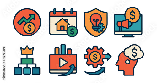Flat vector icons of passive income ideas: investing in dividend stocks badge, renting out assets planner, creating digital products badge, affiliate marketing income badge, earning from royalties