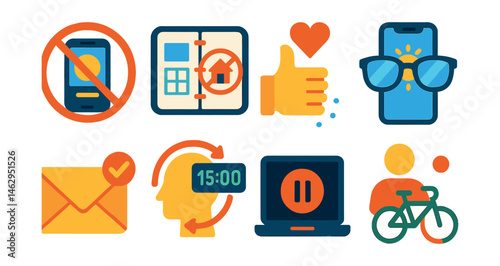 Flat vector icons of healthy digital habits: limiting screen time badge, setting tech-free zones planner, practicing mindful social media use badge, using blue light filters badge, scheduling email