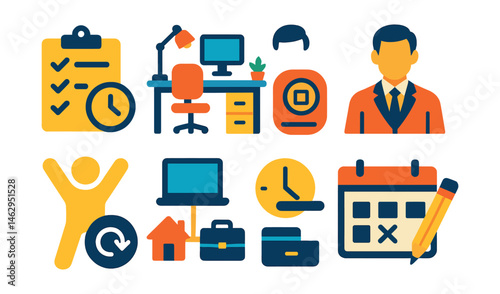 Flat vector icons of healthy habits for remote work: setting daily work routines badge, creating a dedicated home office space planner, dressing for work at home badge, scheduling breaks between