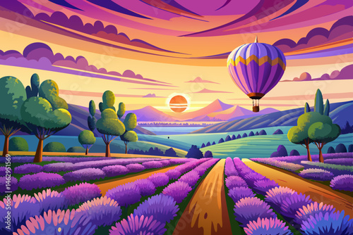 vector of Stunning view of lavender field summer sunset with hot air wing