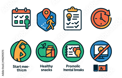 Flat vector icons of organizing healthy meetings: scheduling standing meetings badge, planning walking meetings badge, setting agenda for focus badge, reducing meeting times badge, starting meetings