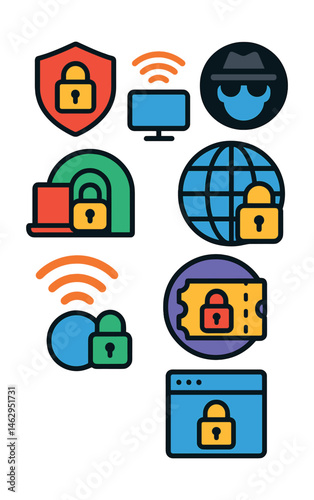 Flat vector icons of VPN and secure browsing: VPN shield app badge, private network connection icon, anonymous browsing badge, VPN tunnel protection icon, global secure connection badge, secure
