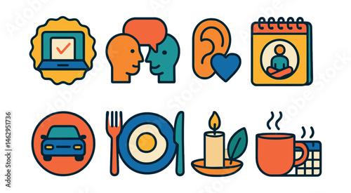 Flat vector icons of practicing presence: single-tasking badge, mindful conversation badge, deep listening badge, focused breathing planner, mindful driving habits badge, being present during meals