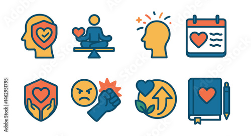 Flat vector icons of emotional balance skills: understanding emotional regulation badge, balanced emotional response exercises, coping with emotional highs badge, managing overwhelming feelings