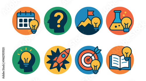 Flat vector icons of building personal innovation: daily innovation habits badge, practicing “what if” thinking badge, setting creative challenges badge, building mini innovation labs badge,