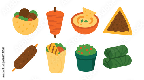Flat vector icons of Middle Eastern street food: falafel in pita, shawarma cone, hummus with bread, manakeesh slice, kofta kebab, grilled halloumi wrap, tabbouleh cup, stuffed grape leaves pack.