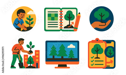 Flat vector icons of tree planting initiatives: school tree planting day badge, community reforestation projects planner, growing a tree from seed guide, adopting a tree project badge, urban greening