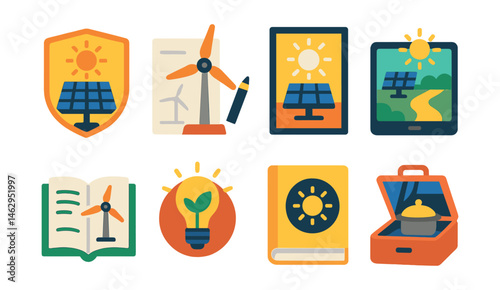 Flat vector icons of renewable energy basics: solar power for schools badge, wind turbine energy model project, renewable energy poster creation badge, visiting a solar farm trip planner, building a