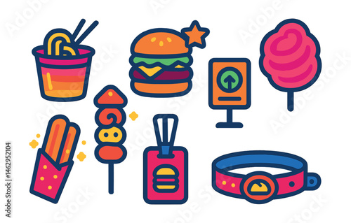 Flat vector icons of festival street food: glow cup with noodles, limited edition street burger, “festival-only” sign, food on glowing stick, giant cotton candy swirl, street churro with lights,