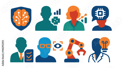 Flat vector icons of AI-related careers: AI engineer badge, machine learning specialist icon, data scientist badge, natural language processing developer badge, AI ethicist planner, computer vision