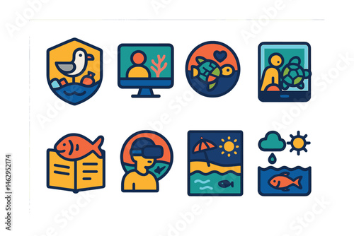 Flat vector icons of oceans and water protection: marine debris awareness badge, coral reefs conservation workshop, ocean plastic art installation badge, sea turtle protection education, sustainable