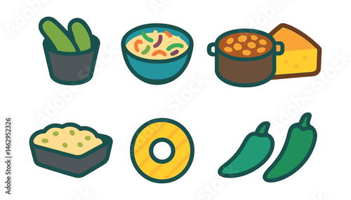 Flat vector icons of BBQ condiments and sides: pickles in cup, coleslaw bowl, baked beans pot, cornbread slice, potato salad tray, grilled pineapple ring, dipping sauces trio, jalapeño peppers.
