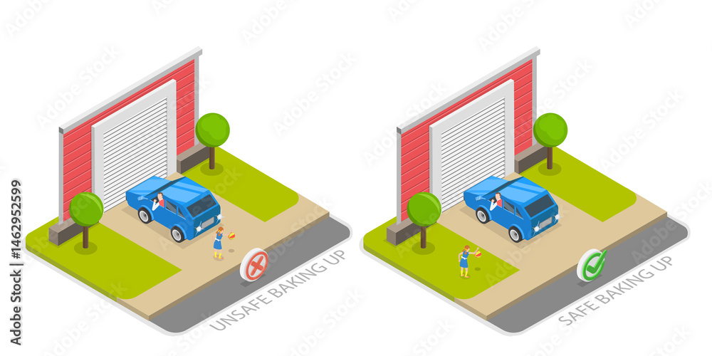 Obraz premium 3D Isometric Flat Illustration of Car Back Driving Safity, Tips And Rules for Drivers