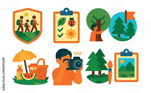 Flat vector icons of celebrating nature: school outdoor excursions badge, nature scavenger hunt planner, tree hugging day badge, world environment day festival badge, picnic in the park activities