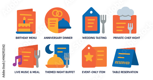 Flat vector icons of special event menus: birthday menu icon, anniversary dinner badge, wedding tasting tag, private chef night card, live music and meal combo, themed night buffet, event-only item,