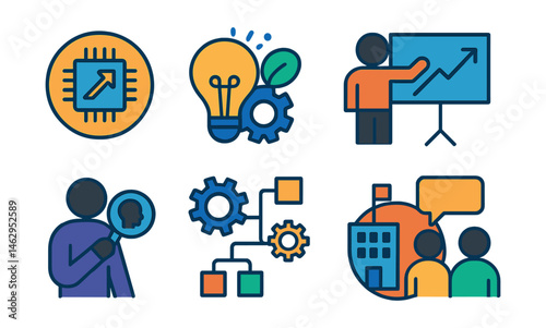 Flat vector icons of future business roles: digital transformation consultant badge, innovation strategist icon, corporate sustainability manager badge, startup advisor badge, future of work