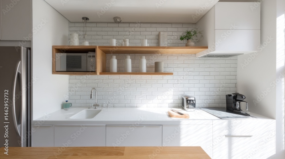 Fototapeta premium Minimalist studio kitchen with white brick backsplash 