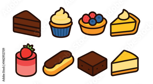 1.Flat vector icons of classic desserts: chocolate cake slice, vanilla cupcake, fruit tart, lemon pie, strawberry mousse, eclair, brownie square, cheesecake wedge.