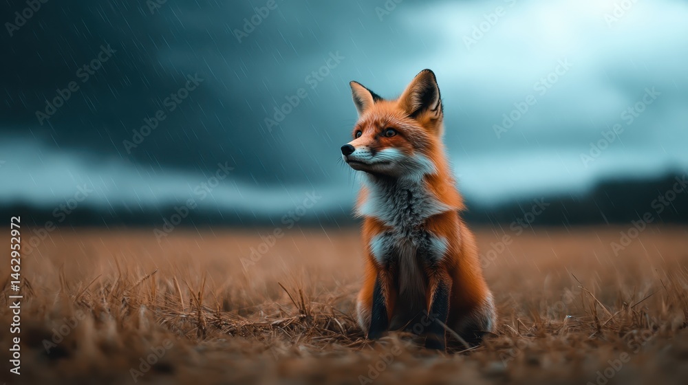 Fototapeta premium A striking image of a graceful fox sitting in a rain-kissed field, a representation of wilderness, solitude, and the beauty of nature in a dramatic atmospheric setting.