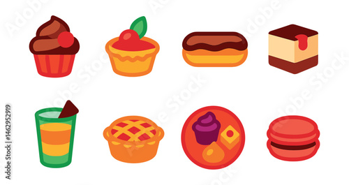 Flat vector icons of mini desserts and bites: mini cupcake, bite-sized tart, mini éclair, tiny cheesecake, shot-glass mousse, small pie, dessert sampler plate, macaron.