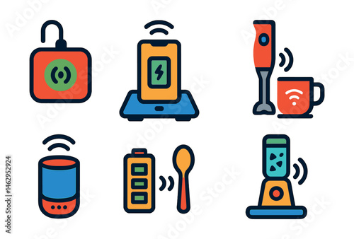 Flat vector icons of wireless charging kitchen tech: charging pad for gadgets, phone on smart scale, cordless hand blender, wireless-powered coffee mug, smart speaker in kitchen, rechargeable vacuum