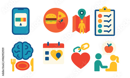 Flat vector icons of intuitive eating and freedom from diets: hunger scale app icon, permission to eat all foods badge, body trust journey guide, intuitive eating principle tracker, mindful food