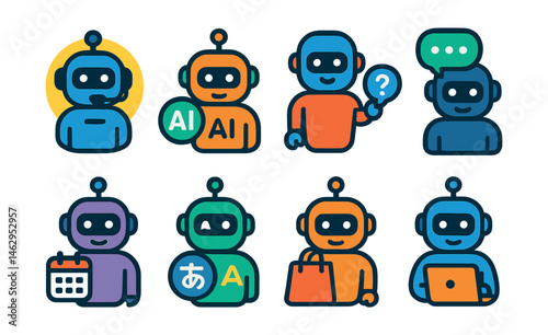 Flat vector icons of chatbot applications: customer support chatbot badge, AI helpdesk assistant, FAQ automation chatbot, conversational AI service, appointment scheduling chatbot, language