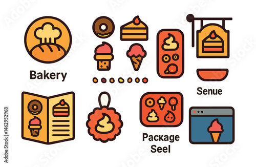 Flat vector icons of dessert-themed branding: bakery logo, dessert icon set, sweet label design, dessert shop signage, dessert sticker sheet, menu with illustrations, packaging seal tag, online